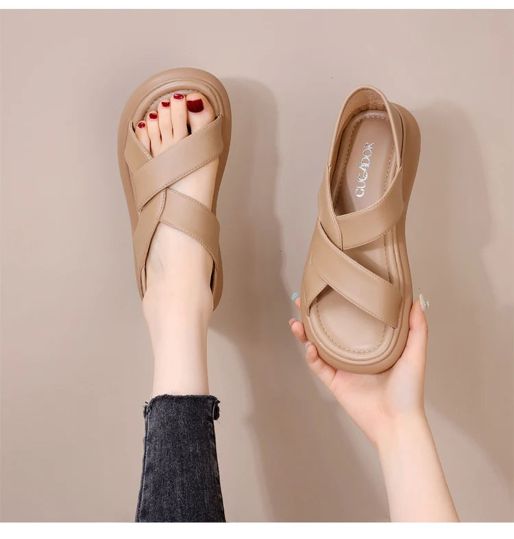 Genuine Leather Roman Beach Sandals Women's Summer Outdoor Flat Soft Bottom Fashion Two-Way Slippers Breathable Hollow out
