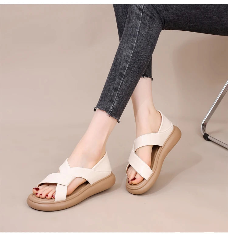 Genuine Leather Roman Beach Sandals Women's Summer Outdoor Flat Soft Bottom Fashion Two-Way Slippers Breathable Hollow out