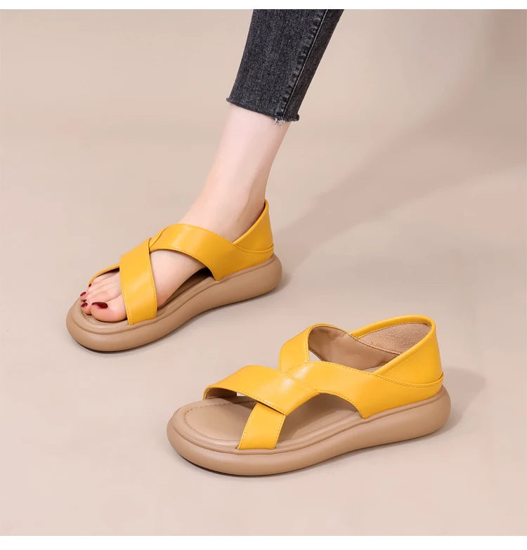 Genuine Leather Roman Beach Sandals Women's Summer Outdoor Flat Soft Bottom Fashion Two-Way Slippers Breathable Hollow out