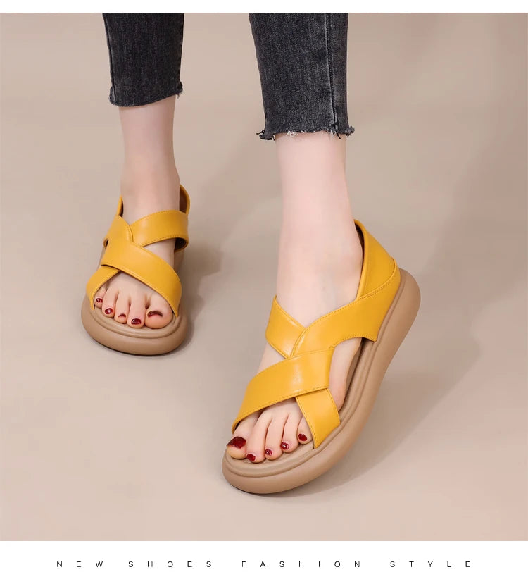 Genuine Leather Roman Beach Sandals Women's Summer Outdoor Flat Soft Bottom Fashion Two-Way Slippers Breathable Hollow out