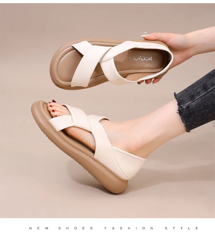 Genuine Leather Roman Beach Sandals Women's Summer Outdoor Flat Soft Bottom Fashion Two-Way Slippers Breathable Hollow out