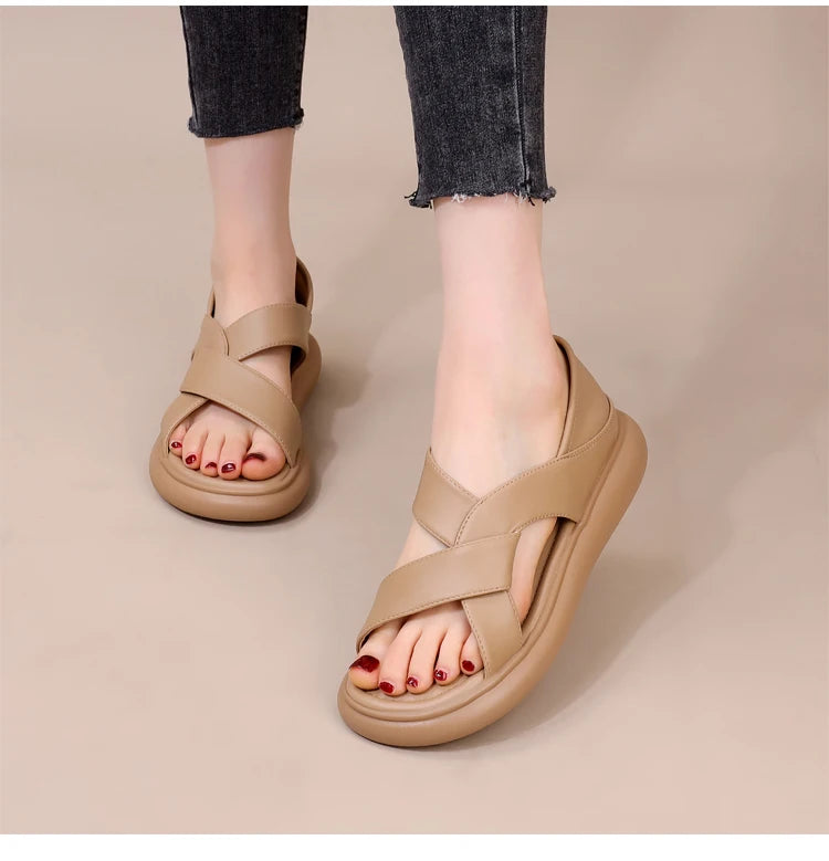 Genuine Leather Roman Beach Sandals Women's Summer Outdoor Flat Soft Bottom Fashion Two-Way Slippers Breathable Hollow out