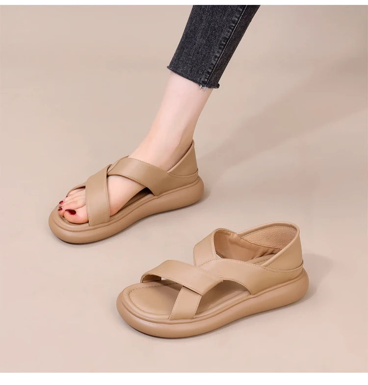 Genuine Leather Roman Beach Sandals Women's Summer Outdoor Flat Soft Bottom Fashion Two-Way Slippers Breathable Hollow out