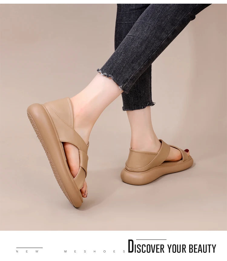 Genuine Leather Roman Beach Sandals Women's Summer Outdoor Flat Soft Bottom Fashion Two-Way Slippers Breathable Hollow out