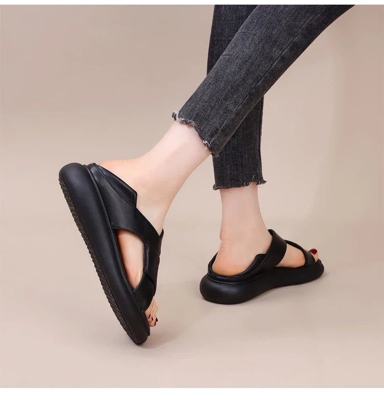 Genuine Leather Roman Beach Sandals Women's Summer Outdoor Flat Soft Bottom Fashion Two-Way Slippers Breathable Hollow out