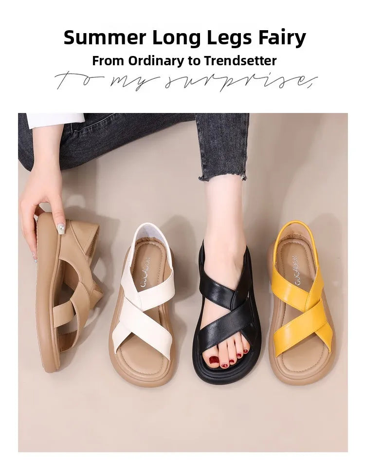 Genuine Leather Roman Beach Sandals Women's Summer Outdoor Flat Soft Bottom Fashion Two-Way Slippers Breathable Hollow out