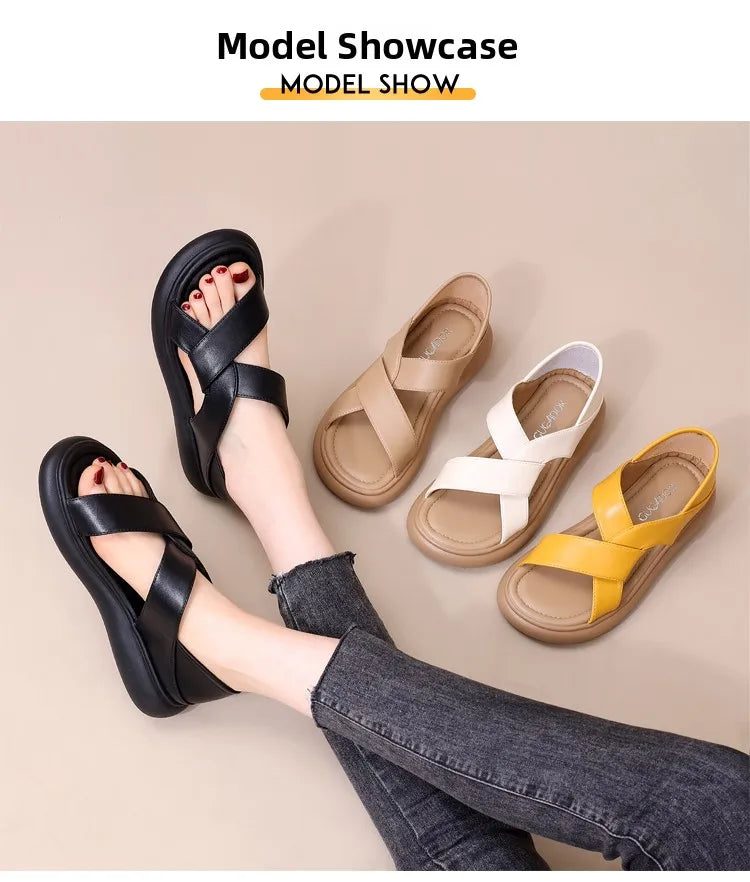 Genuine Leather Roman Beach Sandals Women's Summer Outdoor Flat Soft Bottom Fashion Two-Way Slippers Breathable Hollow out
