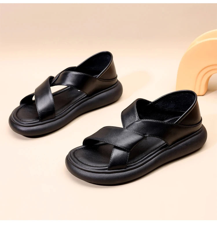 Genuine Leather Roman Beach Sandals Women's Summer Outdoor Flat Soft Bottom Fashion Two-Way Slippers Breathable Hollow out