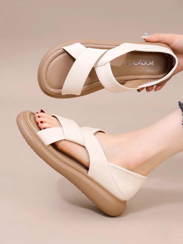 Genuine Leather Roman Beach Sandals Women's Summer Outdoor Flat Soft Bottom Fashion Two-Way Slippers Breathable Hollow out