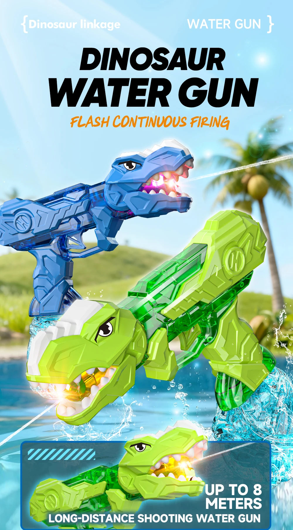 Electric Dinosaur Water Gun With LED Light Up Continuous Shooting Up to 8M Range Summer Pool Beach Toy for Kids Boys Girls