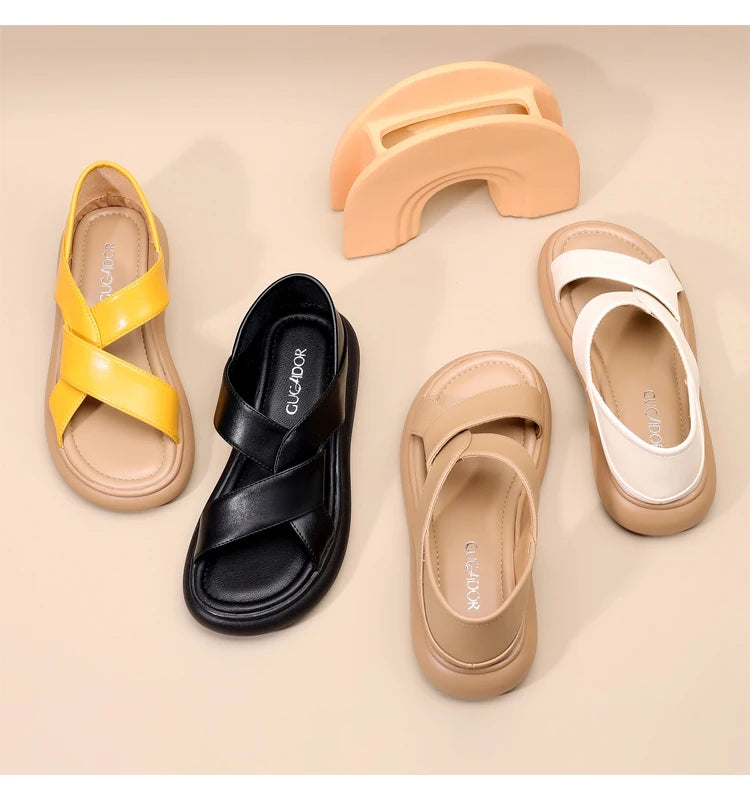 Genuine Leather Roman Beach Sandals Women's Summer Outdoor Flat Soft Bottom Fashion Two-Way Slippers Breathable Hollow out