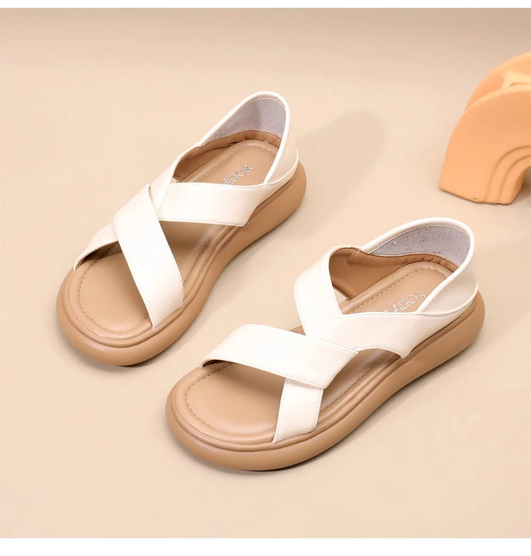 Genuine Leather Roman Beach Sandals Women's Summer Outdoor Flat Soft Bottom Fashion Two-Way Slippers Breathable Hollow out
