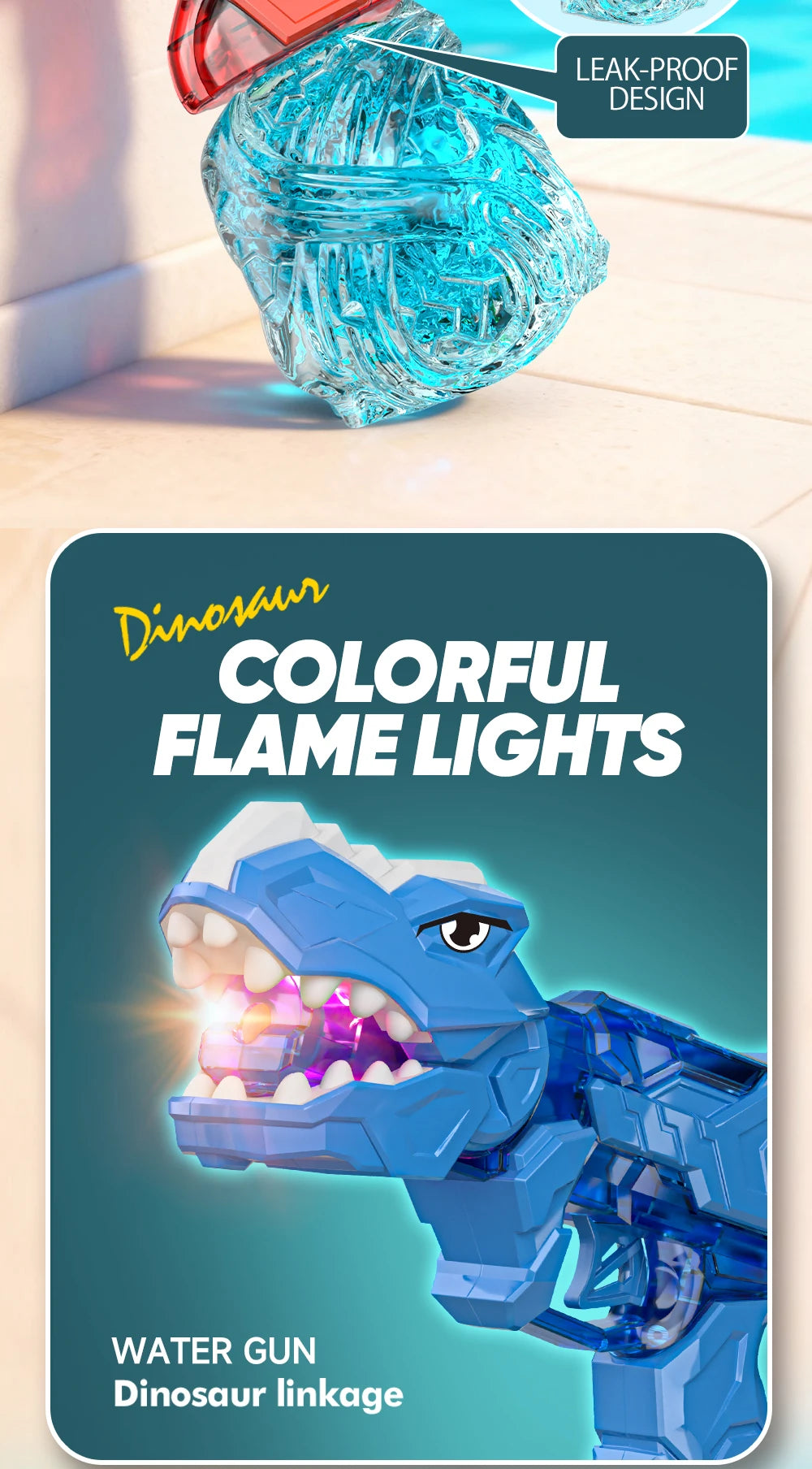 Electric Dinosaur Water Gun With LED Light Up Continuous Shooting Up to 8M Range Summer Pool Beach Toy for Kids Boys Girls