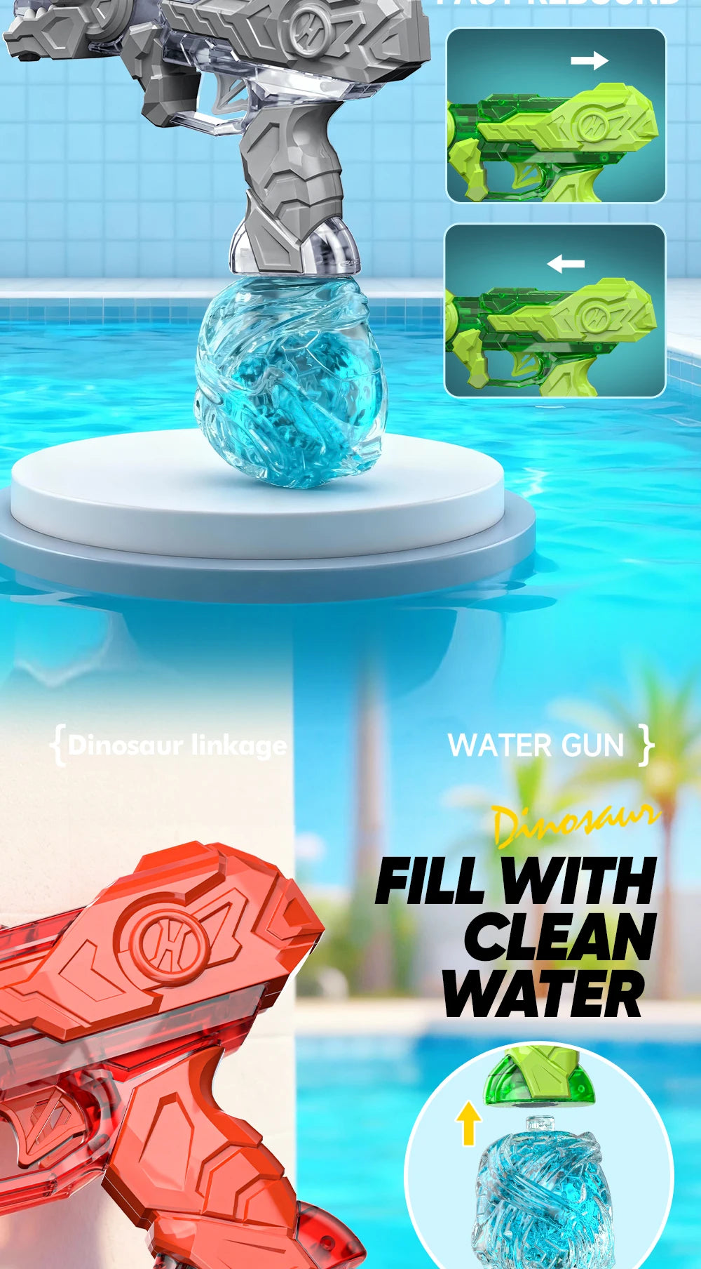 Electric Dinosaur Water Gun With LED Light Up Continuous Shooting Up to 8M Range Summer Pool Beach Toy for Kids Boys Girls