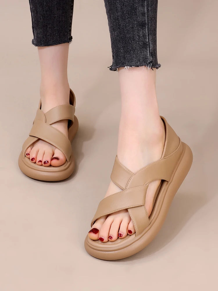 Genuine Leather Roman Beach Sandals Women's Summer Outdoor Flat Soft Bottom Fashion Two-Way Slippers Breathable Hollow out