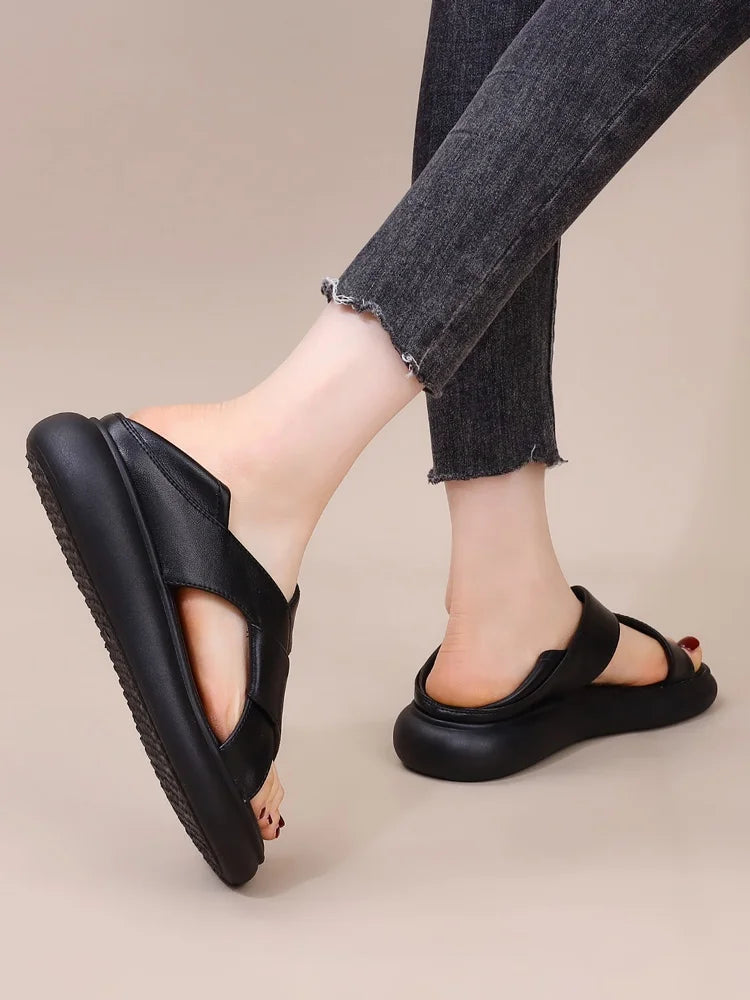 Genuine Leather Roman Beach Sandals Women's Summer Outdoor Flat Soft Bottom Fashion Two-Way Slippers Breathable Hollow out
