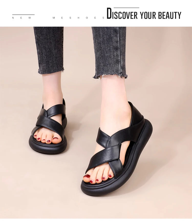 Genuine Leather Roman Beach Sandals Women's Summer Outdoor Flat Soft Bottom Fashion Two-Way Slippers Breathable Hollow out