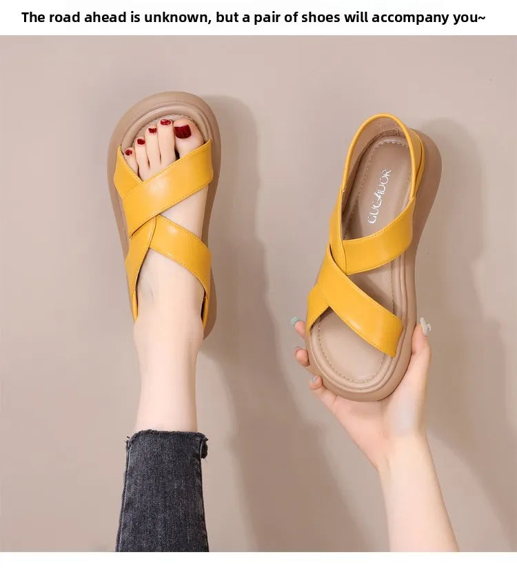 Genuine Leather Roman Beach Sandals Women's Summer Outdoor Flat Soft Bottom Fashion Two-Way Slippers Breathable Hollow out