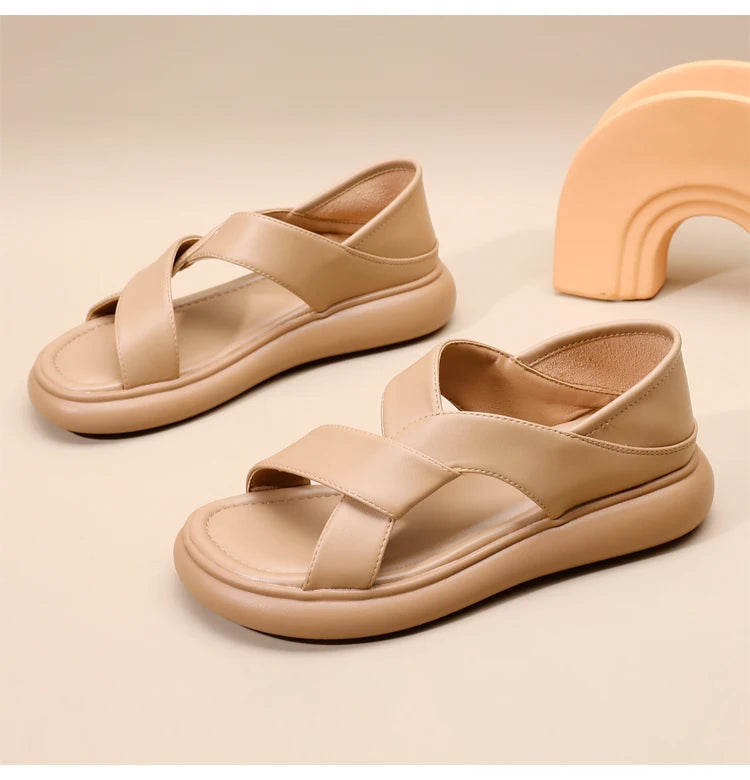 Genuine Leather Roman Beach Sandals Women's Summer Outdoor Flat Soft Bottom Fashion Two-Way Slippers Breathable Hollow out