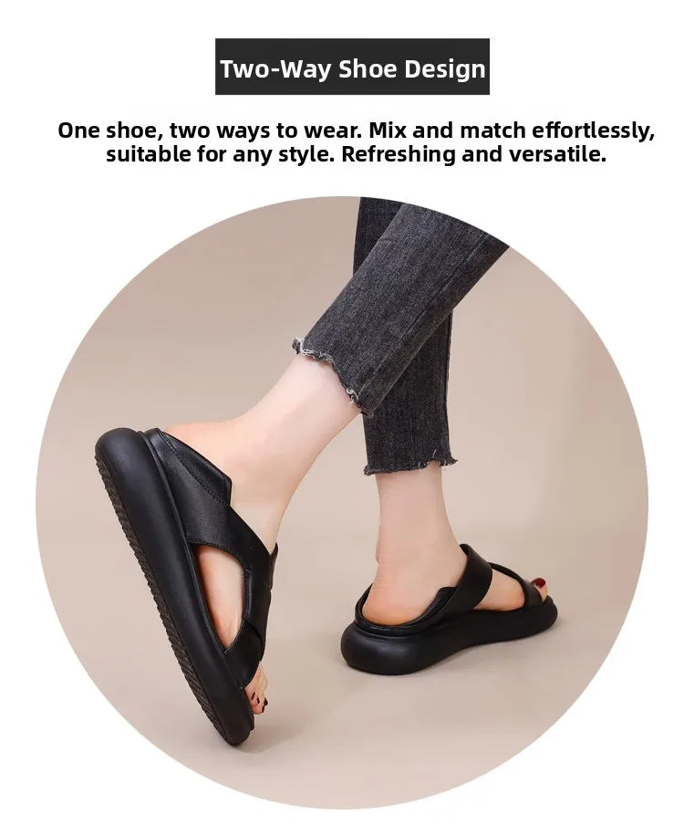 Genuine Leather Roman Beach Sandals Women's Summer Outdoor Flat Soft Bottom Fashion Two-Way Slippers Breathable Hollow out