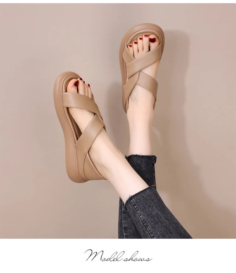Genuine Leather Roman Beach Sandals Women's Summer Outdoor Flat Soft Bottom Fashion Two-Way Slippers Breathable Hollow out